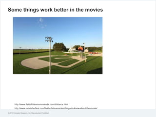 Some things work better in the movies

http://www.fieldofdreamsmoviesite.com/distance.html
http://www.moviefanfare.com/field-of-dreams-ten-things-to-know-about-the-movie/
© 2013 Forrester Research, Inc. Reproduction Prohibited

 