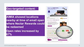 © 2015 Forrester Research, Inc. Reproduction Prohibited 33
AIMIA showed locations
nearby at time of email open
where Nectar Rewards could
be redeemed
Open rates increased by
67%
Geo-targeted content:
 