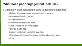 11© 2018 FORRESTER. REPRODUCTION PROHIBITED.
What does poor engagement look like?
› Ultimately, poor conversion rates to desirable outcomes
• Retreat from aggressive sales/marketing tactics
• Abandoned landing pages
• Unopened emails
• Unanswered telephone calls
• Short time spent on Web pages
• Ignored digital ads
• Lack of consideration during buy stage
• Grabbing a tchotchke from your booth and running away
• Churn
 