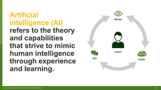 18© 2018 FORRESTER. REPRODUCTION PROHIBITED.
Artificial
intelligence (AI)
refers to the theory
and capabilities
that strive to mimic
human intelligence
through experience
and learning.
 