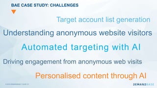 © 2019 DEMANDBASE｜SLIDE 37
BAE CASE STUDY: CHALLENGES
Automated targeting with AI
Target account list generation
Understanding anonymous website visitors
Driving engagement from anonymous web visits
Personalised content through AI
 