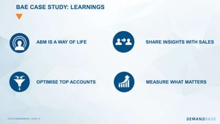 © 2019 DEMANDBASE｜SLIDE 47
BAE CASE STUDY: LEARNINGS
ABM IS A WAY OF LIFE
OPTIMISE TOP ACCOUNTS
SHARE INSIGHTS WITH SALES
MEASURE WHAT MATTERS
 