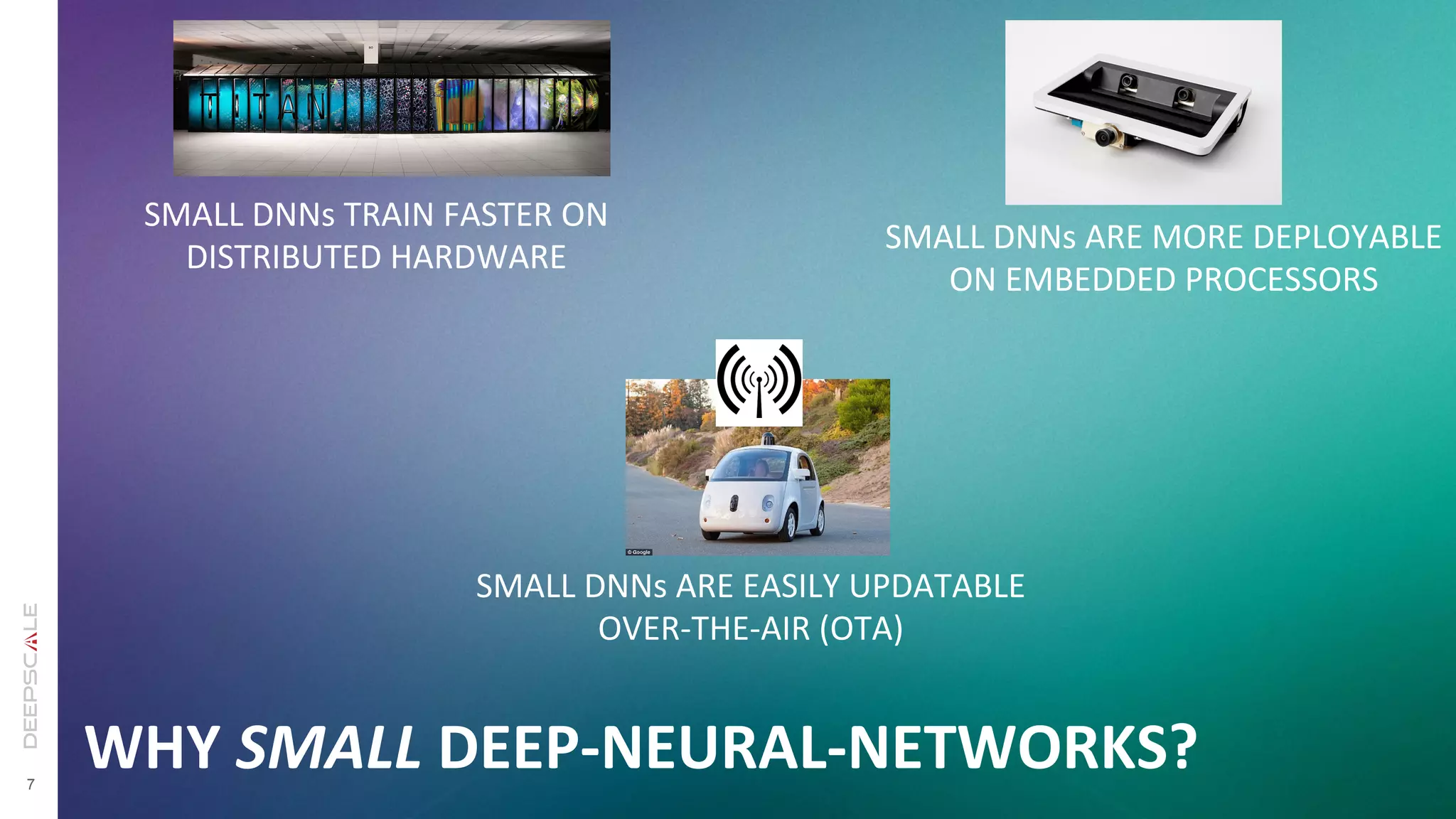 7
WHY	
  SMALL	
  DEEP-­‐NEURAL-­‐NETWORKS?
SMALL	
  DNNs	
  ARE	
  MORE	
  DEPLOYABLE	
  	
  
ON	
  EMBEDDED	
  PROCESSORS	
  
SMALL	
  DNNs	
  TRAIN	
  FASTER	
  ON	
  
DISTRIBUTED	
  HARDWARE	
  
SMALL	
  DNNs	
  ARE	
  EASILY	
  UPDATABLE	
  
OVER-­‐THE-­‐AIR	
  (OTA)	
  
 