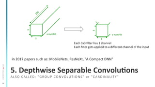 24
5.	
  Depthwise	
  Separable	
  ConvoluSons	
  
in	
  2017	
  papers	
  such	
  as:	
  MobileNets,	
  ResNeXt,	
  "A	
  Compact	
  DNN"	
  
3	
  
3	
  
x	
  numFilt	
  
3	
  
3	
  
x	
  numFilt	
  
Each	
  3x3	
  ﬁlter	
  has	
  1	
  channel	
  
Each	
  ﬁlter	
  gets	
  applied	
  to	
  a	
  diﬀerent	
  channel	
  of	
  the	
  input	
  
ALSO  CALLED:  "GROUP  CONVOLUTIONS"  or  "CARDINALITY"
 