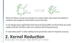 21
2.	
  Kernel	
  ReducSon	
  
While	
  1x1	
  ﬁlters	
  cannot	
  see	
  outside	
  of	
  a	
  1-­‐pixel	
  radius,	
  t...