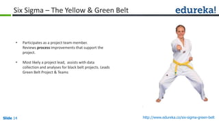 Slide 14 http://www.edureka.co/six-sigma-green-beltSlide 14
Six Sigma – The Yellow & Green Belt
• Participates as a project team member.
Reviews process improvements that support the
project.
• Most likely a project lead, assists with data
collection and analyses for black belt projects. Leads
Green Belt Project & Teams
 