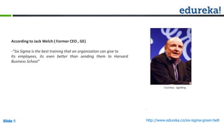 Slide 9 http://www.edureka.co/six-sigma-green-beltSlide 9
According to Jack Welch ( Former CEO , GE)
-”Six Sigma is the best training that an organization can give to
Its employees, its even better than sending them to Harvard
Business School”
Courtesy : Ijgolding
 