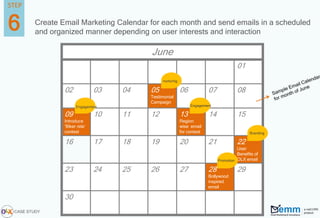 Create Email Marketing Calendar for each month and send emails in a scheduled
and organized manner depending on user interests and interaction
June
01
02 03 04 05
Testimonial
Campaign
06 07 08
09
Introduce
‘Biker ride’
contest
10 11 12 13
Region
wise email
for contest
14 15
16 17 18 19 20 21 22
User
Benefits of
OLX email
23 24 25 26 27 28
Bollywood
inspired
email
29
30
Engagement
nurturing
Engagement
Promotion
Branding
6
STEP
CASE STUDY
 
