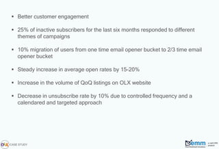  Better customer engagement
 25% of inactive subscribers for the last six months responded to different
themes of campaigns
 10% migration of users from one time email opener bucket to 2/3 time email
opener bucket
 Steady increase in average open rates by 15-20%
 Increase in the volume of QoQ listings on OLX website
 Decrease in unsubscribe rate by 10% due to controlled frequency and a
calendared and targeted approach
CASE STUDY
 