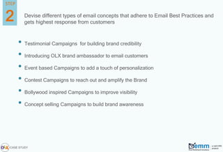 Devise different types of email concepts that adhere to Email Best Practices and
gets highest response from customers
2
STEP
CASE STUDY
• Testimonial Campaigns for building brand credibility
• Introducing OLX brand ambassador to email customers
• Event based Campaigns to add a touch of personalization
• Contest Campaigns to reach out and amplify the Brand
• Bollywood inspired Campaigns to improve visibility
• Concept selling Campaigns to build brand awareness
 