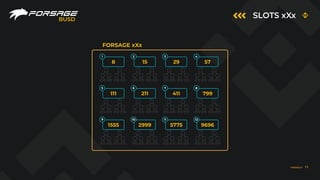 SLOTS xXx
BUSD
FORSAGE xXx
1 2 3 4
5 6 7 8
9 10 11 12
8 15 29 57
111 211 411 799
1555 2999 5775 9696
FORSAGE.IO 11
 