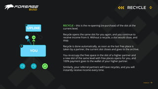 RECYCLE
BUSD
RECYCLE – this is the re-opening (re-purchase) of the slot at the
current level.
Recycle opens the same slot for you again, and you continue to
receive income from it. Without a recycle, a slot would close, and
stop.
Recycle is done automatically, as soon as the last free place is
taken by a partner, the current slot closes and goes to the archive.
You re-occupy the free space in the slot of a higher partner and
a new slot of the same level with free places opens for you, and
100% payment goes to the wallet of your higher partner.
Similarly, your referral partners will have recycles, and you will
instantly receive income every time.
1
1
YOU
YOU
YOU
UPLINE
FORSAGE.IO 18
 