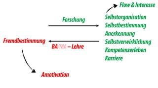 Forschung Selbstorganisation 
Selbstbestimmung 
Anerkennung 
Selbstverwirklichung 
Kompetenzerleben 
Karriere 
BA/MA – Lehre 
Fremdbestimmung 
Amotivation 
Flow & Interesse 
 