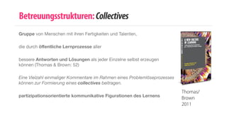 Gruppe von Menschen mit ihren Fertigkeiten und Talenten, 
die durch öffentliche Lernprozesse aller 
bessere Antworten und Lösungen als jeder Einzelne selbst erzeugen 
können (Thomas & Brown: 52) 
Eine Vielzahl einmaliger Kommentare im Rahmen eines Problemlöseprozesses 
können zur Formierung eines collectives beitragen. 
partizipationsorientierte kommunikative Figurationen des Lernens 
! 
Thomas/ 
Brown 
2011 
Betreuungsstrukturen: Collectives 
 