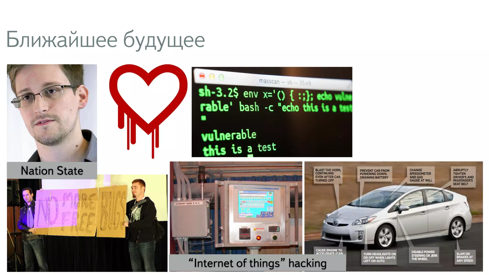 Ближайшее будущее 
13 
Nation State 
“Internet of things” hacking 
 