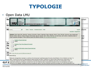 TYPOLOGIE
•  Open Data LMU
Betreiber: Universitätsbibliothek der Ludwig-Maximilians-Universität München
Disziplin: Multidi...