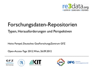 Forschungsdaten-Repositorien
Typen, Herausforderungen und Perspektiven


Heinz Pampel, Deutsches GeoForschungsZentrum GFZ

Open-Access-Tage 2012, Wien, 26.09.2012   	
  
 