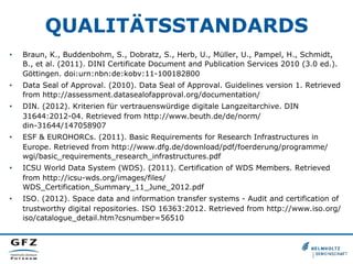 QUALITÄTSSTANDARDS
•  Braun, K., Buddenbohm, S., Dobratz, S., Herb, U., Müller, U., Pampel, H., Schmidt,
B., et al. (2011). DINI Certificate Document and Publication Services 2010 (3.0 ed.).
Göttingen. doi:urn:nbn:de:kobv:11-100182800
•  Data Seal of Approval. (2010). Data Seal of Approval. Guidelines version 1. Retrieved
from http://assessment.datasealofapproval.org/documentation/
•  DIN. (2012). Kriterien für vertrauenswürdige digitale Langzeitarchive. DIN
31644:2012-04. Retrieved from http://www.beuth.de/de/norm/
din-31644/147058907
•  ESF & EUROHORCs. (2011). Basic Requirements for Research Infrastructures in
Europe. Retrieved from http://www.dfg.de/download/pdf/foerderung/programme/
wgi/basic_requirements_research_infrastructures.pdf
•  ICSU World Data System (WDS). (2011). Certification of WDS Members. Retrieved
from http://icsu-wds.org/images/files/
WDS_Certification_Summary_11_June_2012.pdf
•  ISO. (2012). Space data and information transfer systems - Audit and certification of
trustworthy digital repositories. ISO 16363:2012. Retrieved from http://www.iso.org/
iso/catalogue_detail.htm?csnumber=56510
 