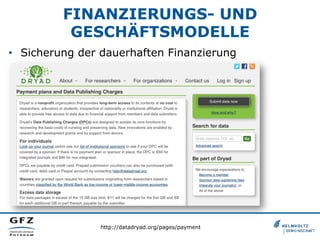 FINANZIERUNGS- UND
GESCHÄFTSMODELLE
•  Sicherung der dauerhaften Finanzierung
http://datadryad.org/pages/payment
 