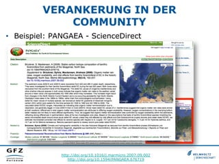 VERANKERUNG IN DER
COMMUNITY
•  Beispiel: PANGAEA - ScienceDirect
http://doi.org/10.1016/j.marmicro.2007.09.002
http://doi.org/10.1594/PANGAEA.676719
 