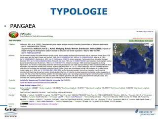 TYPOLOGIE
•  PANGAEA
Betreiber: Alfred-Wegener-Institut (AWI) und MARUM – Zentrum für Marine
Umweltwissenschaften der Universität Bremen
Disziplin: Erd- und Umweltwissenschaften
Mission: „The information system PANGAEA is operated as an Open Access
library aimed at archiving, publishing and distributing
georeferenced data from earth system research. The system
guarantees long-term availability of its content through a
commitment of the operating institutions.“
Zugangs-
bedingungen:
CC-BY
Finanzierung: Betreiber und Drittmittelförderung
Zitations-
vorschlag:
Beispiel: http://doi.pangaea.de/10.1594/PANGAEA.738246
 