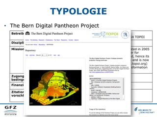 TYPOLOGIE
•  The Bern Digital Pantheon Project
Betreiber: Humboldt Universität zu Berlin, Lehrstuhl für
Wissenschaftsgeschichte der Antike, Exzellenzcluster 264 TOPOI
Disziplin: Archäologie, Architektur und Kunstgeschichte
Mission: „The Bern Digital Pantheon Project was originally instigated in 2005
by Gerd Graßhoff as a pilot project of the Karman Center for
Advanced Studies in the Humanities in Bern, Switzerland, hence its
name. In October 2010 the project has moved to Berlin and is now
continued within the cluster of excellence "Topoi" (www.topoi.org)
which is devoted to the study of the formation and transformation
of space and knowledge in ancient civilizations.“
Zugangs-
bedingungen:
Eigene Lizenz
Finanzierung: Betreiber und Drittmittelförderung
Zitations-
vorschlag:
Beispiel: http://www.digitalpantheon.ch/BDPP0009
 