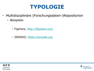 TYPOLOGIE
•  Multidisziplinäre (Forschungsdaten-)Repositorien
•  Beispiele:
•  Figshare, http://figshare.com
•  ZENODO, https://zenodo.org
 