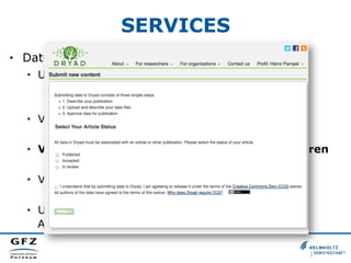 SERVICES
•  Daten-Upload
•  Unterstützung bei der Metadaten-Vergabe
•  Import- und Export der Metadaten
•  Thesauri, Klassifikationen und Schlagwörter
•  Vergabe von persistenten Identifikatoren
•  z. B.: Akzessionsnummern
•  Verknüpfungen mit persistenten Identifikatoren
•  z. B.: ORCID, FundRef, CrossRef, DataCite
•  Verknüpfungen mit Verzeichnisdiensten
•  z. B.: Lightweight Directory Access Protocol (LDAP)
•  Unterstützung von Authentifikations- und
Autorisierungsdiensten
 