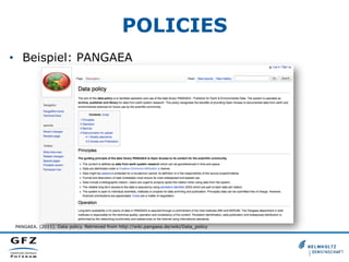 POLICIES
•  Beispiel: PANGAEA
PANGAEA. (2011). Data policy. Retrieved from http://wiki.pangaea.de/wiki/Data_policy
 