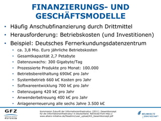 FINANZIERUNGS- UND
GESCHÄFTSMODELLE
•  Häufig Anschubfinanzierung durch Drittmittel
•  Herausforderung: Betriebskosten (un...