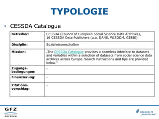 TYPOLOGIE
•  CESSDA Catalogue
Betreiber: CESSDA (Council of European Social Science Data Archives),
16 CESSDA Data Publish...