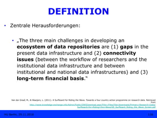 DEFINITION
•  Zentrale Herausforderungen:
•  „The three main challenges in developing an
ecosystem of data repositories ar...