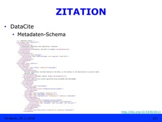 251HU Berlin, 29.11.2018
ZITATION
•  DataCite
•  Metadaten-Schema
http://doi.org/10.5438/0013
 