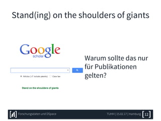 Stand(ing) on the shoulders of giants
Warum sollte das nur
für Publikationen
gelten?
Warum sollte das nur
für Publikationen
gelten?
TUHH | 15.02.17 | HamburgForschungsdaten und DSpace 12
 