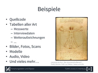 Beispiele
• Quellcode
• Tabellen aller Art
– Messwerte
– Interviewdaten
– Wetteraufzeichnungen
– ...
• Bilder, Fotos, Scans
• Modelle
• Audio, Video
• Und vieles mehr…
TUHH | 15.02.17 | Hamburg 14
Murray Foubister: „0I7A5272.jpg”
(https://www.flickr.com/photos/mfoubister/), CC-By-SA
Joshua Tree National Park: „Recording Data“, Public Domain
(https://www.flickr.com/photos/joshuatreenp/)
Werner Heil / NASA: „Heliosphärische Stromschicht“,
Public Domain
Rotkaeppchen68: „FuBK-Testbild“
(https://de.wikipedia.org/wiki/Benutzer:Rotkaeppchen68),
CC-By-SA
Leonardo da Vinci: „Der vitruvianische Mensch“,
Public Domain, Foto: Luc Viatour / www.Lucnix.be
Forschungsdaten und DSpace
 