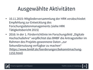 Ausgewählte Aktivitäten
• 10.11.2015: Mitgliederversammlung der HRK verabschiedet
Empfehlung zur Entwicklung des
Forschungsdatenmanagements (siehe HRK
Tätigkeitsbericht 2015)
• 2016: In der 1. Förderrichtlinie im Forschungsfeld „Digitale
Hochschullehre“ verpflichtet das BMBF die Antragssteller im
Rahmen des Projekts gewonnene Daten „zur
Sekundärnutzung verfügbar zu machen“
(https://www.bmbf.de/foerderungen/bekanntmachung-
1152.html)
TUHH | 15.02.17 | HamburgForschungsdaten und DSpace 25
 