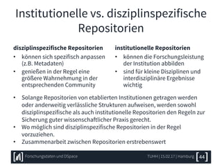 Institutionelle vs. disziplinspezifische
Repositorien
disziplinspezifische Repositorien
• können sich spezifisch anpassen
(z.B. Metadaten)
• genießen in der Regel eine
größere Wahrnehmung in der
entsprechenden Community
institutionelle Repositorien
• können die Forschungsleistung
der Institution abbilden
• sind für kleine Disziplinen und
interdisziplinäre Ergebnisse
wichtig
TUHH | 15.02.17 | HamburgForschungsdaten und DSpace 44
• Solange Repositorien von etablierten Institutionen getragen werden
oder anderweitig verlässliche Strukturen aufweisen, werden sowohl
disziplinspezifische als auch institutionelle Repositorien den Regeln zur
Sicherung guter wissenschaftlicher Praxis gerecht.
• Wo möglich sind disziplinspezifische Repositorien in der Regel
vorzuziehen.
• Zusammenarbeit zwischen Repositorien erstrebenswert
 