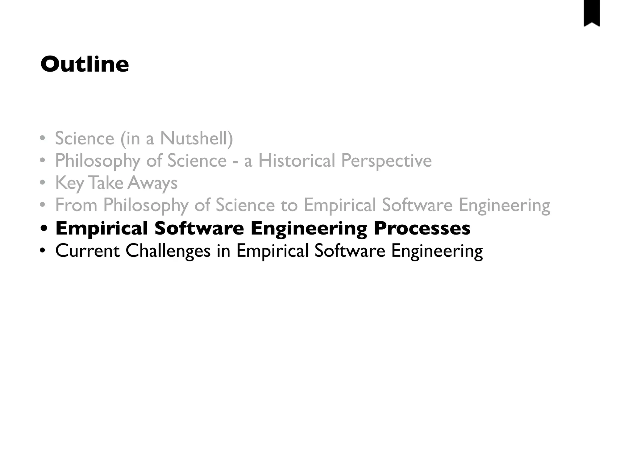 Example!
Research objective / Purpose
• Exploratory literature study to
understand current state of
reported evidence in Requirements
Engineering (process) improvement
and potential gaps
Method
• Systematic mapping study
 