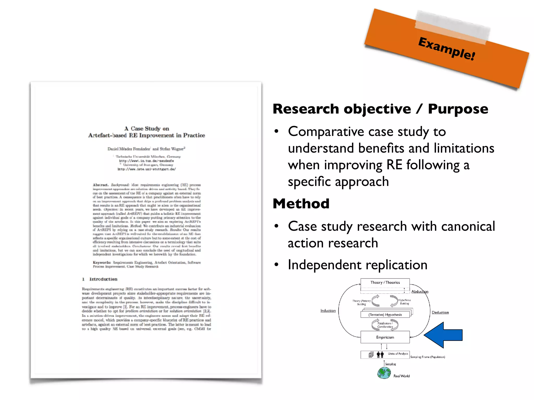 Empirical processes: an abstract view
Planning and Deﬁnition
Method and Strategy
Selection
Design and (Method)
Execution
Conclusion Drawing
Packaging and Reporting
Scope of detailed empirical methods
Which method(s) do we need to employ?
 
