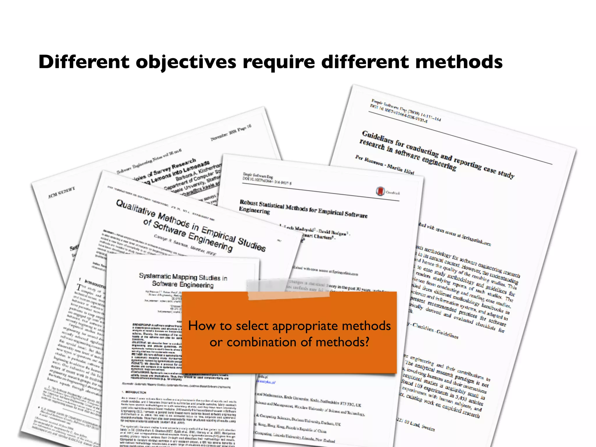 Problem identiﬁcation
What is the goal?
• Identify open (theoretical and / or practical) problems
What could be good starting points?
• Existing (i.e. reported) hypotheses or theories
• Claims or assumptions about, e.g., a technologies effectiveness
• Results that contradict common hypotheses or theories
➡ Analyse the state of the art
• (Systematic) literature reviews / mapping studies
➡ (complementarily) Analyse the state of the practice
• Document analysis (projects, public repositories, etc.)
• Interviews, surveys, and observations
 