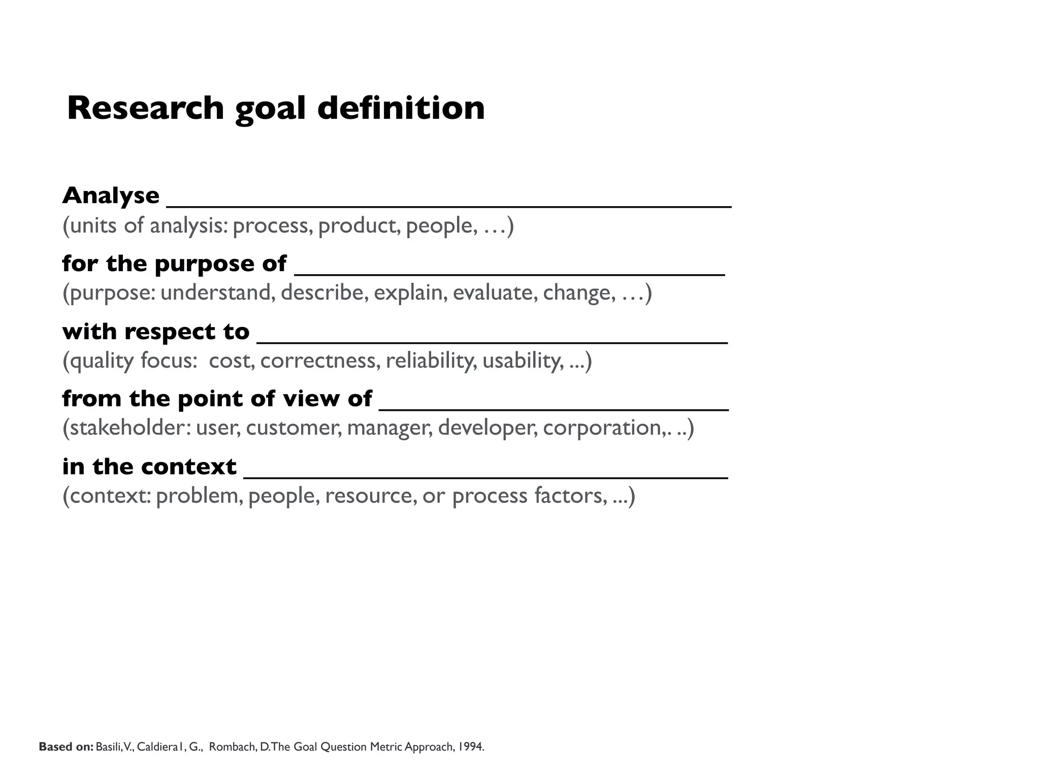 Method and strategy selection
Planning and Deﬁnition
Method and Strategy
Selection
Design and (Method)
Execution
Conclusion Drawing
Packaging and Reporting
At the end of the method selection phase,  
we need to know:
• What type of study do we need to conduct?
• Which empirical method(s) do we need?
• What is the necessary environment?
Steps to get there:
• Identify method(s) and environment based on goals
and purpose
• Reﬂect on further important decision criteria  
(often coming with a trade-off)
 