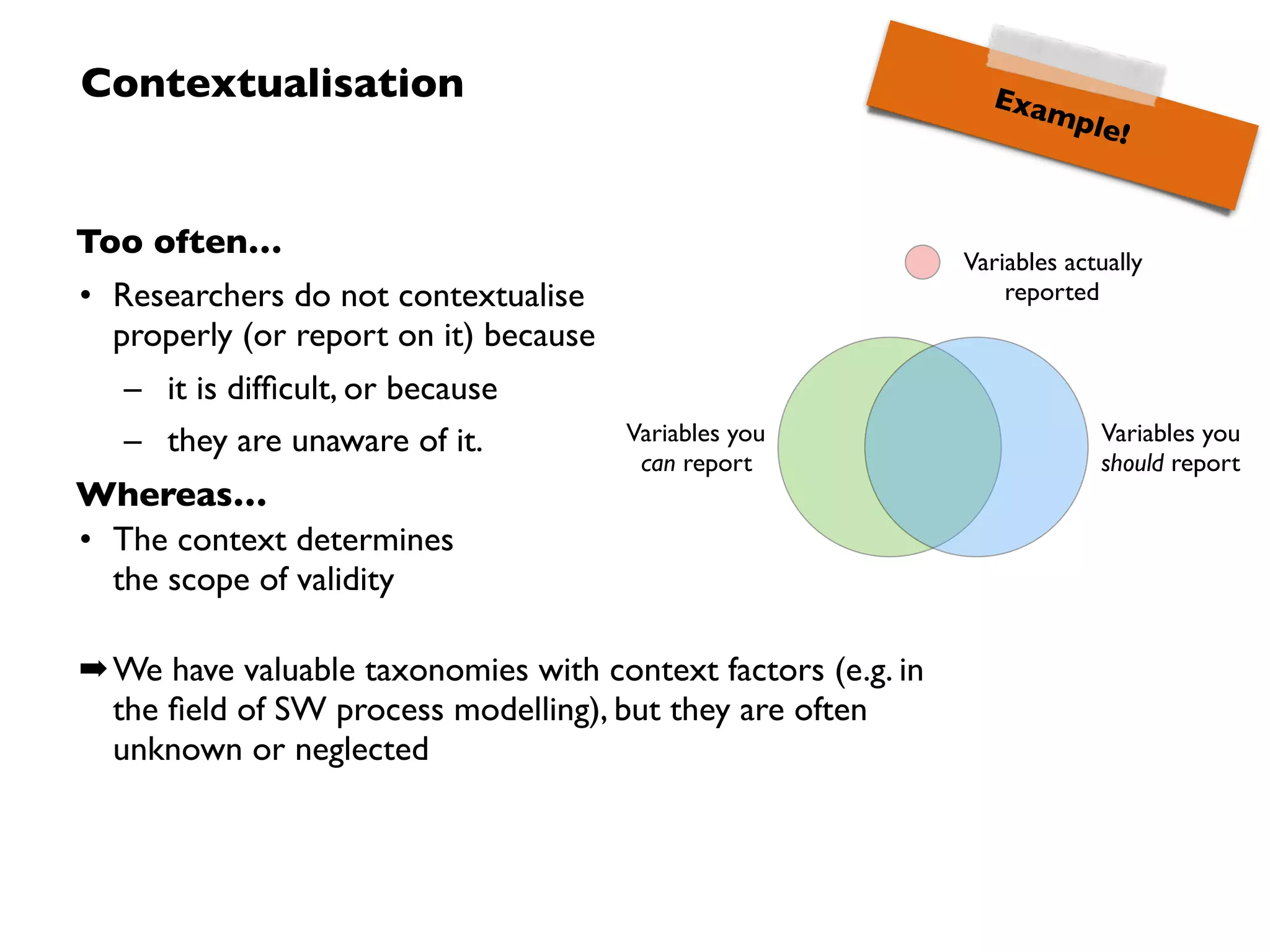 How to deal with all these problems?
• Education on scientiﬁc working including
– research methods and practices - The What
– their setting in a bigger picture - The Why
• Rely on standards and contribute to standards
• Take your message out (evangelise) 
Thank you!
(and enjoy the rest of the course :-)
Daniel Méndez
Daniel.Mendez@tum.de
@mendezfe
 