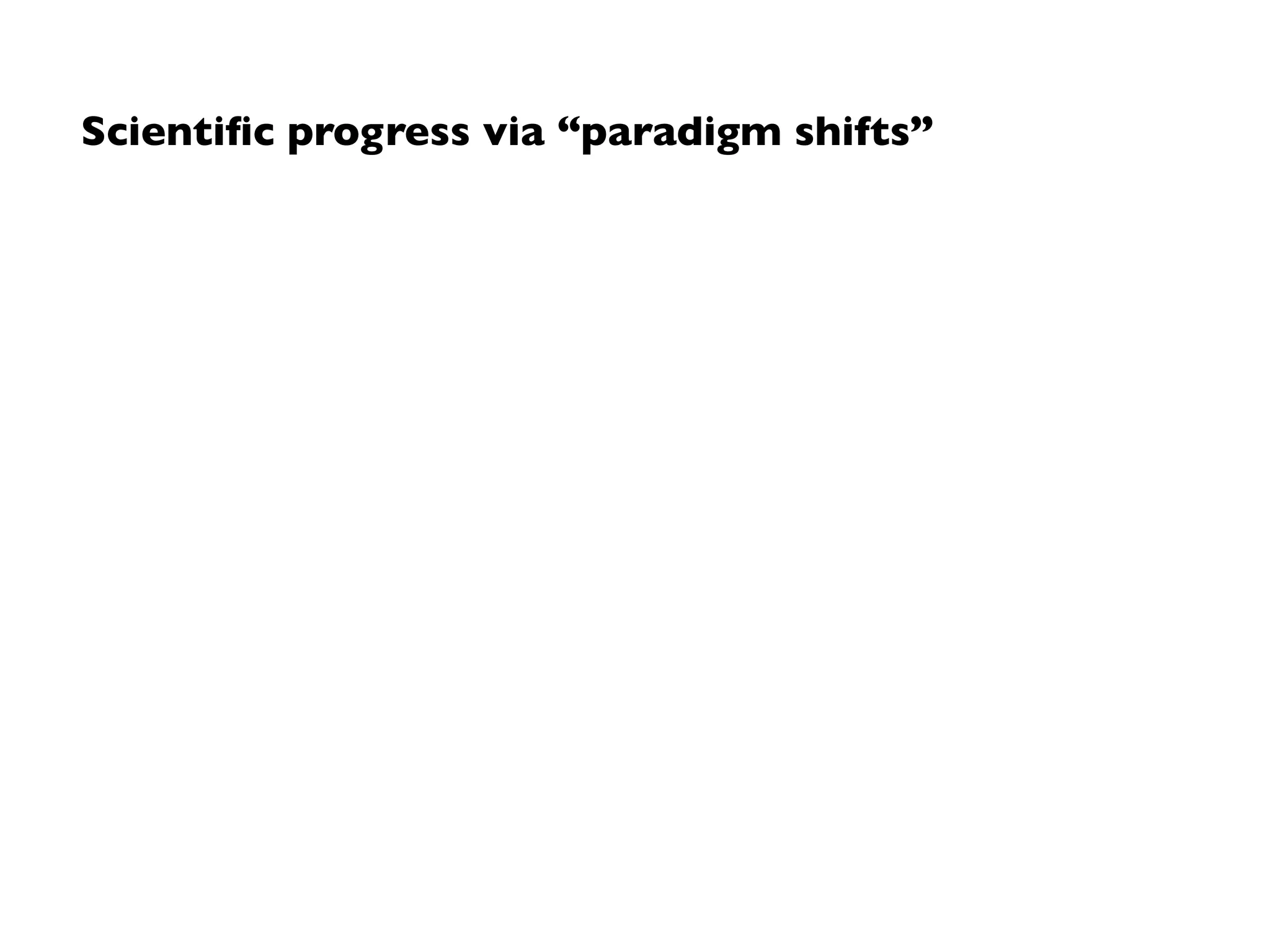 Scientiﬁc progress via “paradigm shifts”
1. Scientists work in communities within
certain (incommensurable) paradigms
2. If no progress can be observed, it is an
indicator for a crisis
“[…] judging a theory by assessing the number, faith,
and vocal energy of its supporters […] basic political
credo of contemporary religious maniacs”
— Lakatos, 1970
At the moment physics is again terribly
confused. In any case, it’s too difﬁcult for me,
and I wish I had been a movie comedian or
something of the sort and had never heard of
physics.
— Kronig, 1960
 