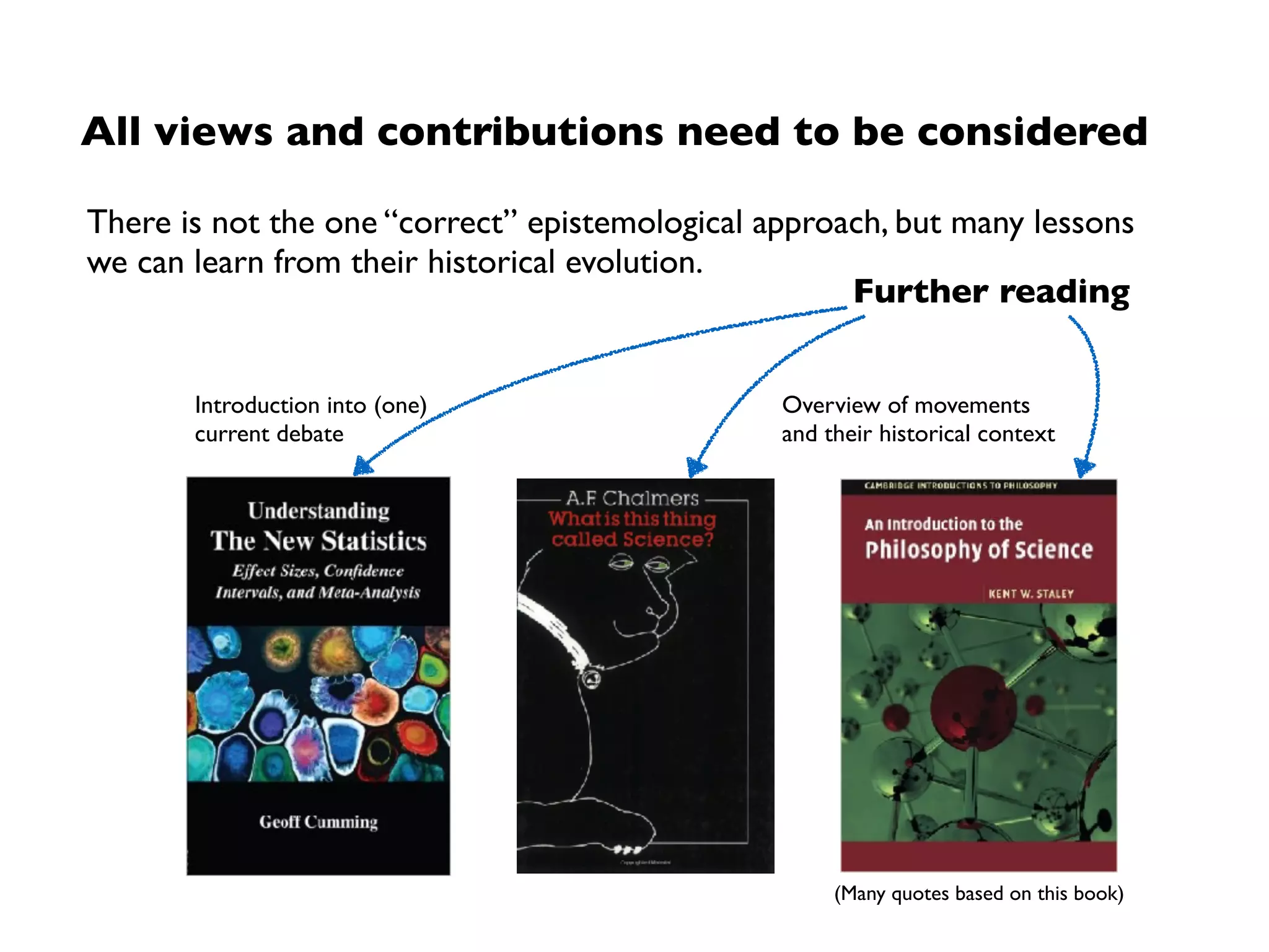 Adopt fundamental credos of scientiﬁc working
1. Be sceptical and open at the same time:
• no statement imposed by authorities shall be immune to criticism
• be open to existing evidence and arguments/explanations by others 
2. Be always aware of
• strengths & limitations of single research methods
• strength of belief in observations (and conclusions drawn)
• validity and scope of observations and related theories
• relation to existing body of knowledge / existing evidence 
3. Appreciate the value of
• all research processes and methods
• null results (one’s failure can be another one’s success)
• replication studies (progress comes via repetitive steps) 
4. Be an active part of something bigger (knowledge is built by communities)
Image Source: Monty Python
 