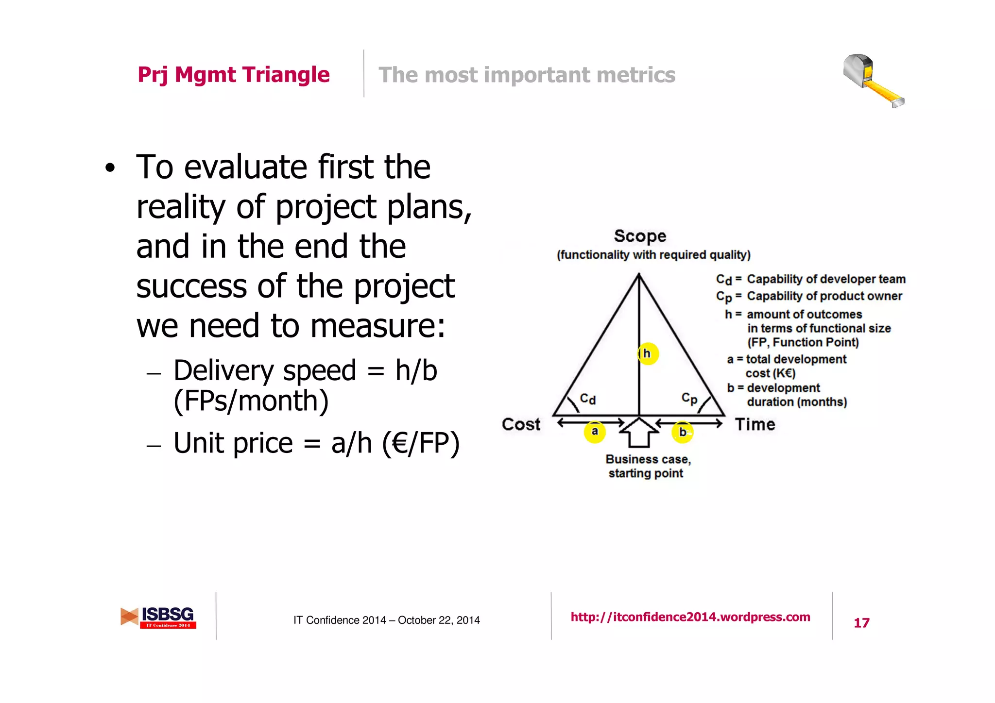 17IT Confidence 2014 – October 22, 2014 http://itconfidence2014.wordpress.com
The most important metricsPrj Mgmt Triangle
• To evaluate first the
reality of project plans,
and in the end the
success of the project
we need to measure:
– Delivery speed = h/b
(FPs/month)
– Unit price = a/h (€/FP)
 