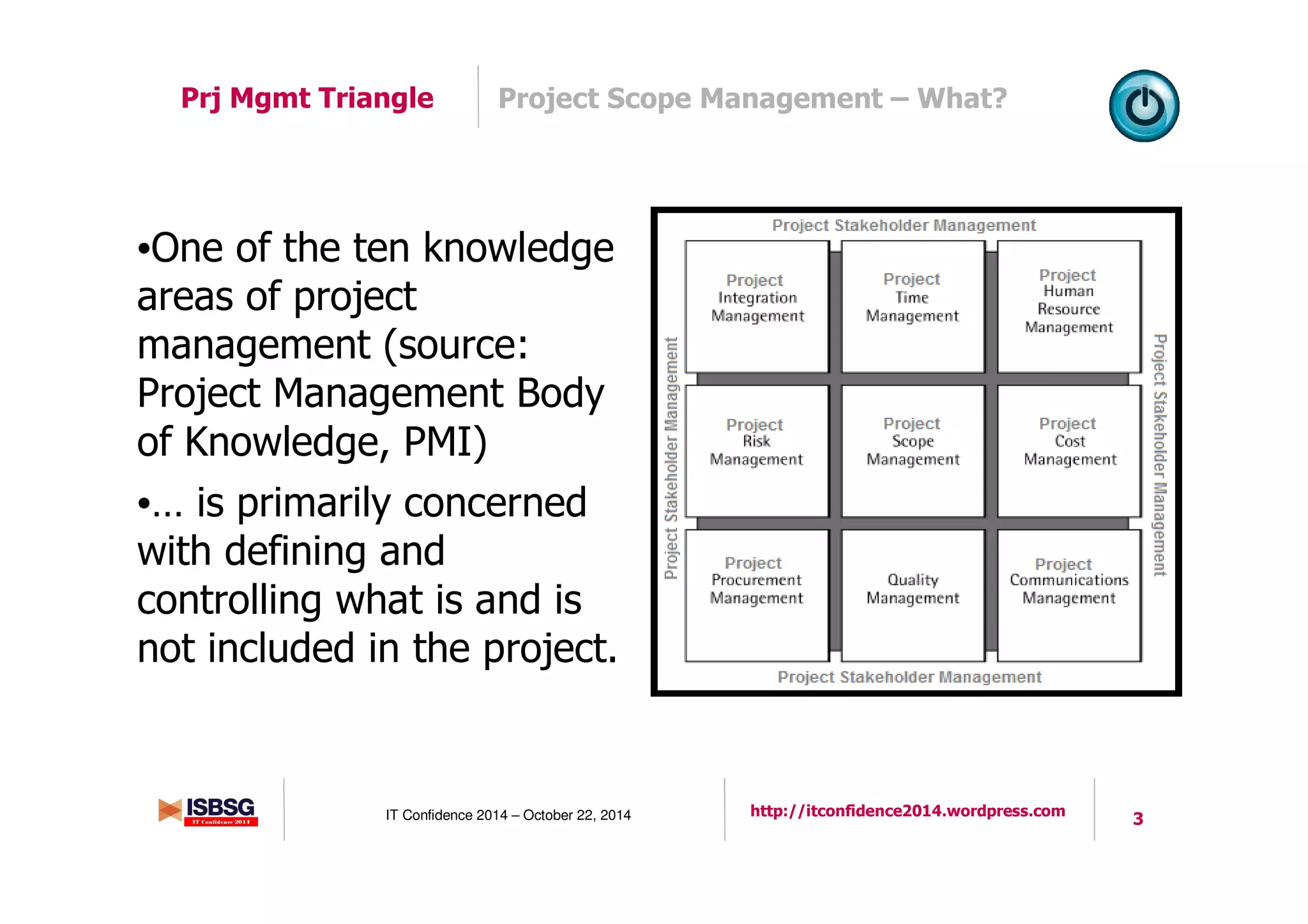 3IT Confidence 2014 – October 22, 2014 http://itconfidence2014.wordpress.com
•One of the ten knowledge
areas of project
management (source:
Project Management Body
of Knowledge, PMI)
•… is primarily concerned
with defining and
controlling what is and is
not included in the project.
Project Scope Management – What?Prj Mgmt Triangle
 