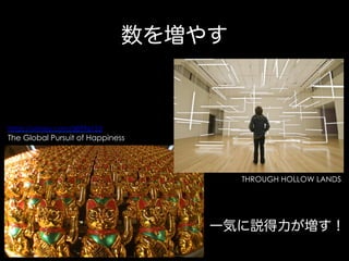 数を増やす

https://vimeo.com/38796123

The Global Pursuit of Happiness

THROUGH HOLLOW LANDS

一気に説得力が増す！

 