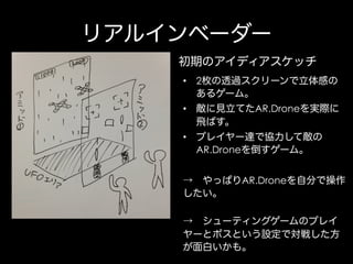 リアルインベーダー
初期のアイディアスケッチ
•  2枚の透過スクリーンで立体感の
あるゲーム。
•  敵に見立てたAR.Droneを実際に
飛ばす。
•  プレイヤー達で協力して敵の
AR.Droneを倒すゲーム。
→ やっぱりAR.Droneを自分で操作
したい。
→ シューティングゲームのプレイ
ヤーとボスという設定で対戦した方
が面白いかも。

 