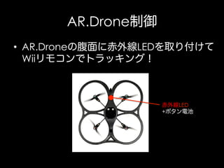 AR.Drone制御
•  AR.Droneの腹面に赤外線LEDを取り付けて
Wiiリモコンでトラッキング！

赤外線LED
+ボタン電池

 