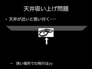 天井吸い上げ問題
•  天井が近いと吸い付く･･･

→ 狭い場所での飛行は(ry

 